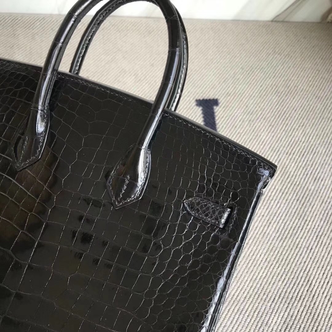 Hermès（爱马仕）Birkin25cm Porosus shiny 亮面澳洲湾鳄 ck89 黑色 金扣