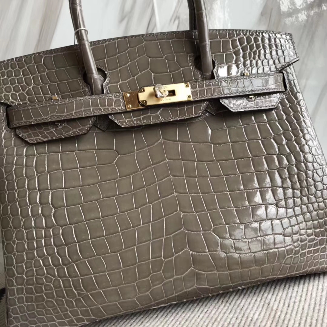 Hermès（爱马仕）Birkin30cm Porosus shiny 亮面澳洲湾鳄  ck81 斑鸠灰 Gris T 金扣