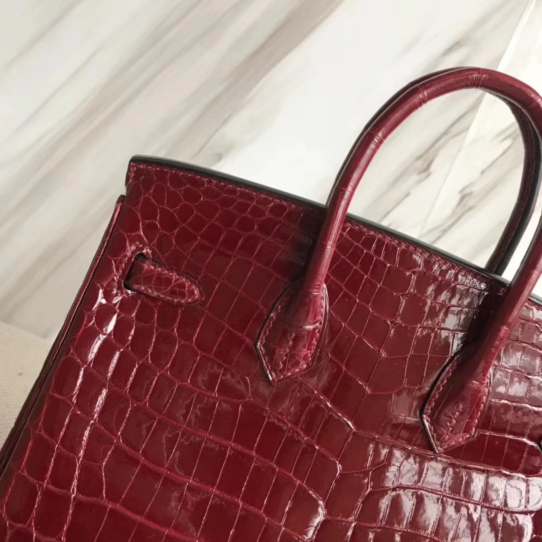 Hermès（爱马仕）Birkin25cm Crocodile shiny 亮面鳄鱼 F5 勃艮第酒红 新酒红 金扣