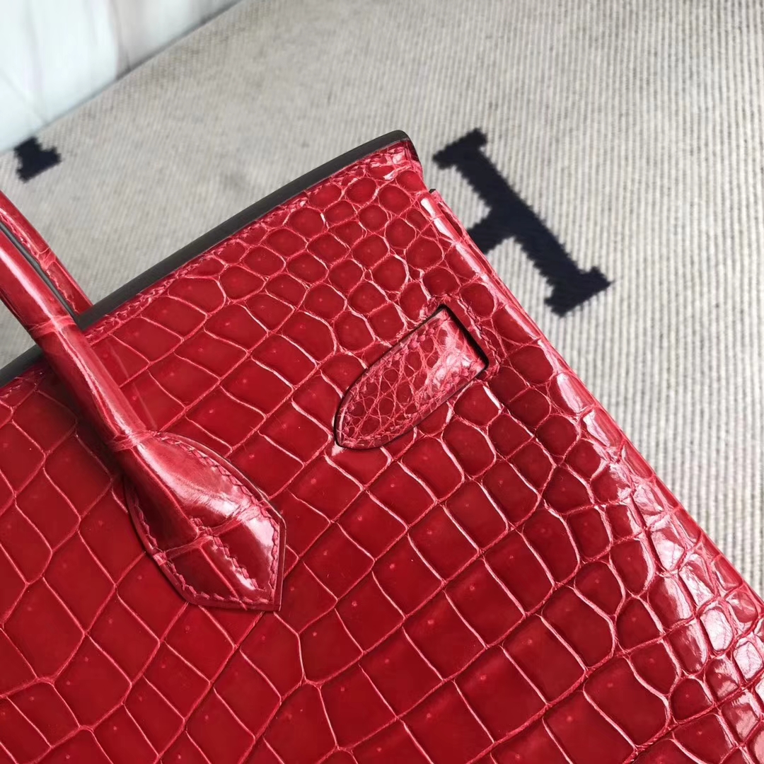 Hermès（爱马仕）Birkin30cm Porosus shiny 亮面澳洲湾鳄  ck95 法拉利红 Braise 金扣