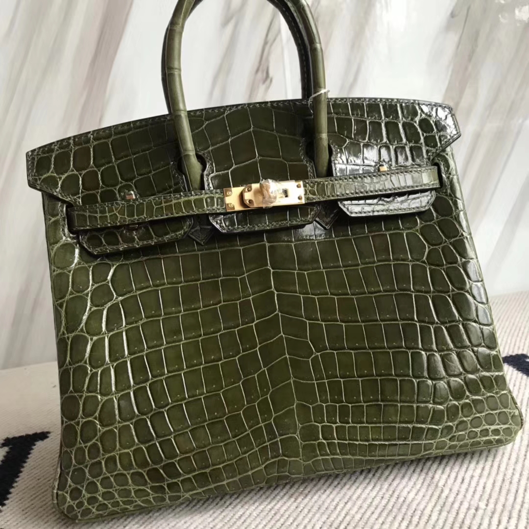 Hermès（爱马仕）Birkin25cm Crocodile shiny 亮面鳄鱼 6H 橄榄绿 金扣