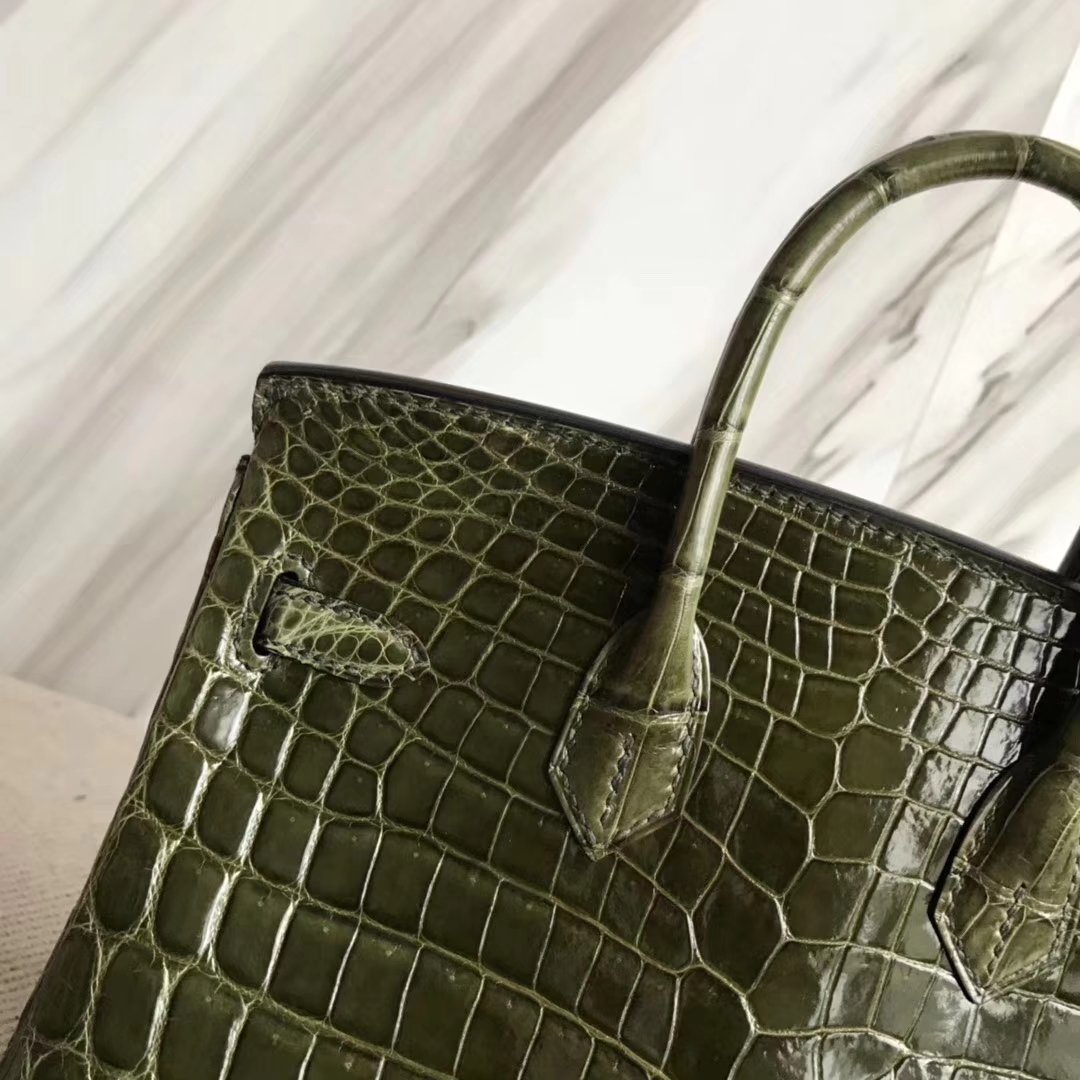 Hermès（爱马仕）Birkin25cm Crocodile shiny 亮面鳄鱼 6H 橄榄绿 金扣