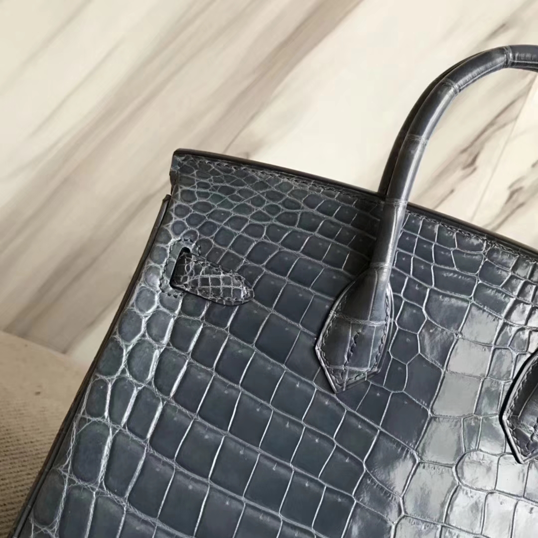 Hermès（爱马仕）Birkin25cm Crocodile shiny 亮面鳄鱼 N7 风暴蓝 银扣