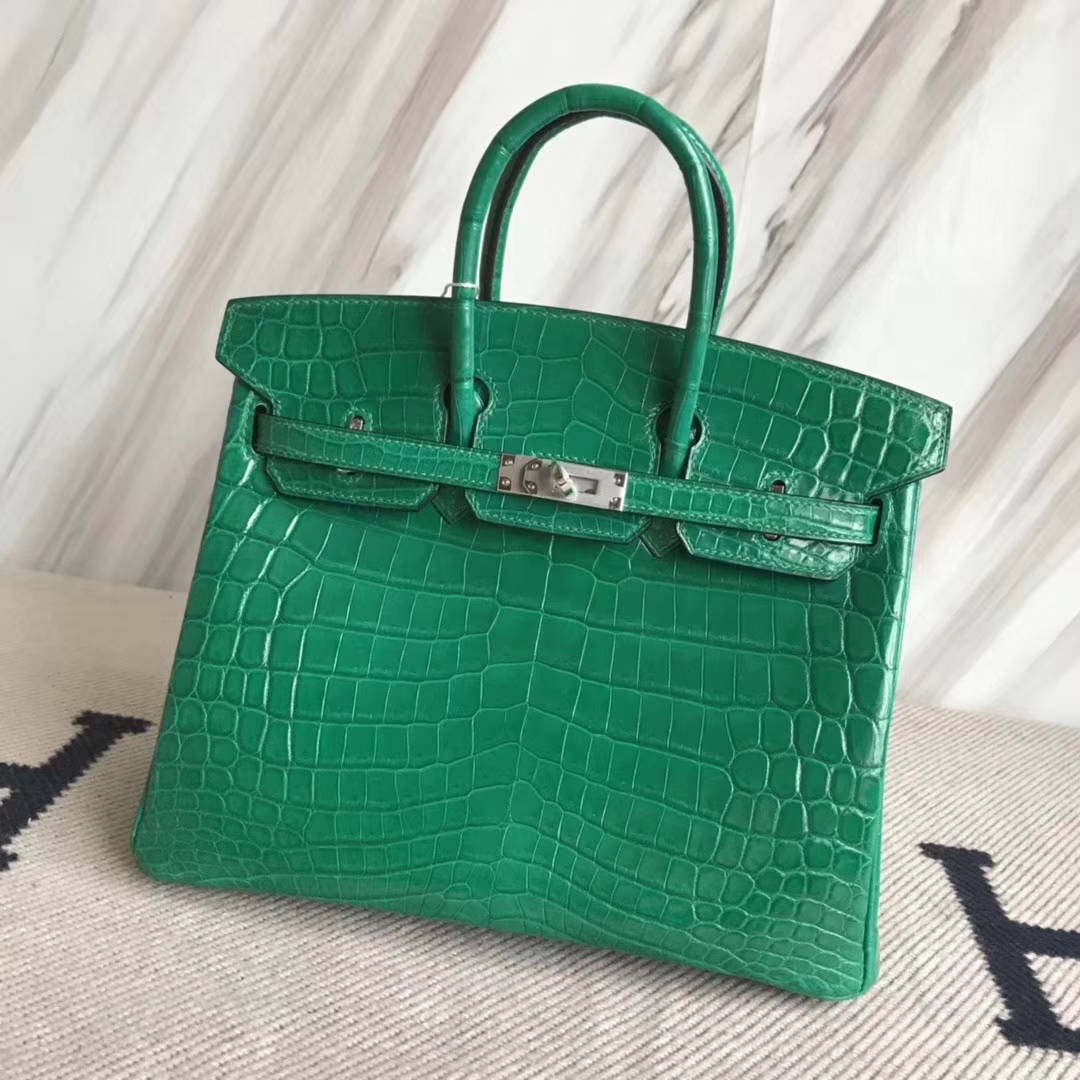 Hermès（爱马仕）Birkin25cm Crocodile shiny 亮面鳄鱼 6Ｑ 翡翠绿 银扣