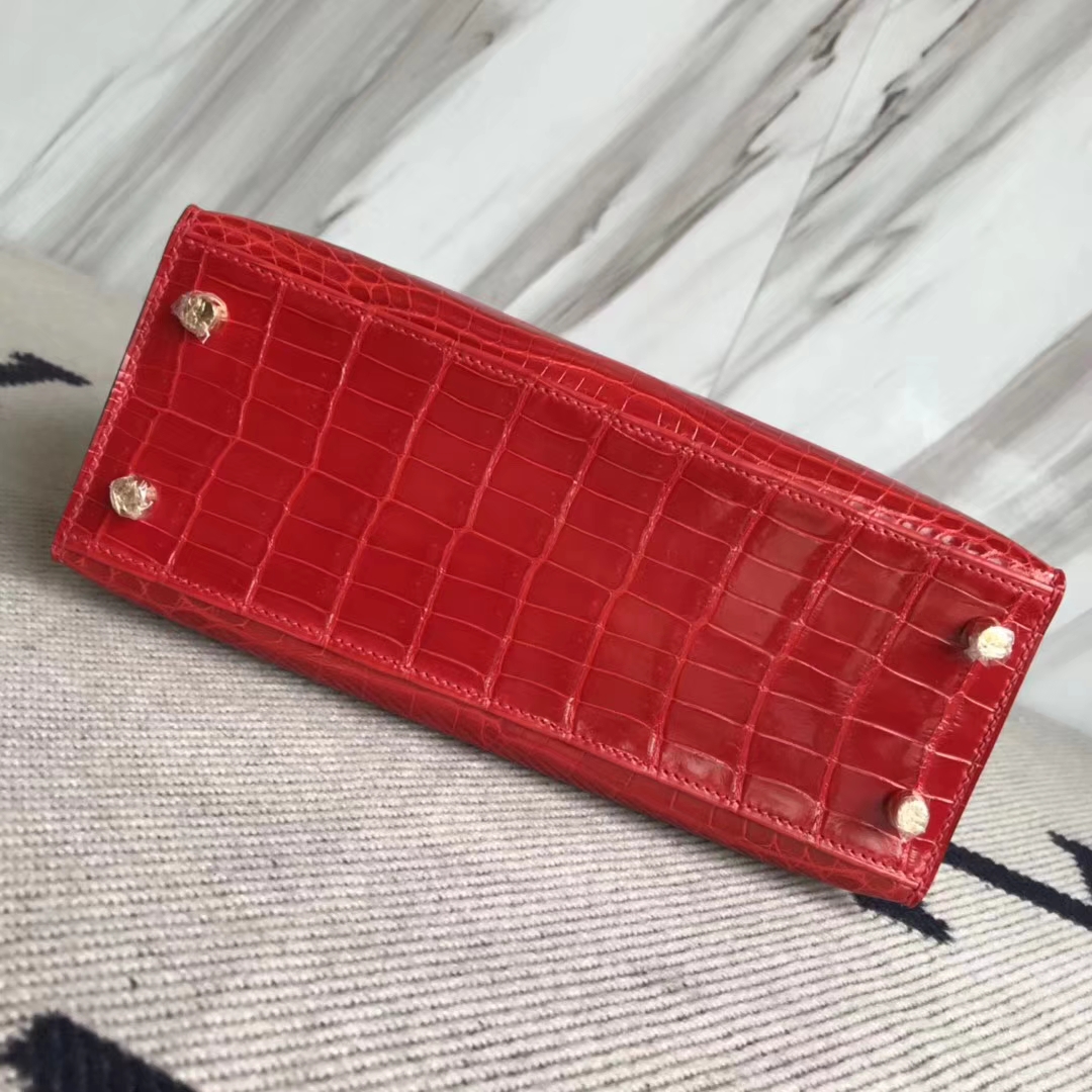 Hermès（爱马仕）Kelly25cm Crocodile shiny 亮面两点鳄鱼 ck95 法拉利红 Braise 金扣