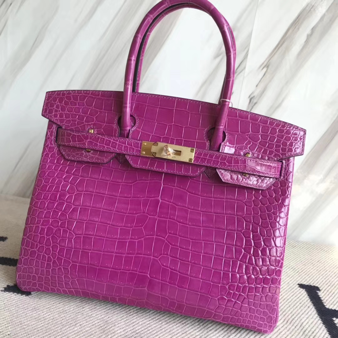 Hermès(爱马仕)Birkin30cm Porosus shiny 亮面澳洲湾鳄 L3 玫瑰紫 rose purple金扣-拉尔森鳄鱼皮具定制 - 爱马仕包包官网 Hermès(爱马仕)Birkin30cm Porosus shiny 亮面澳洲湾鳄 L3 玫瑰紫 rose purple金扣