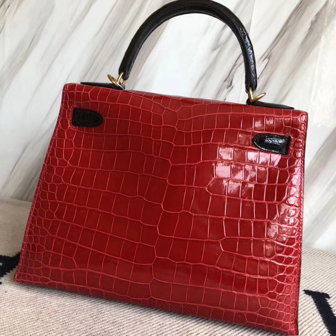 Hermès（爱马仕）Kelly28cm Porosus shiny 亮面 澳洲湾鳄鳄鱼 ck95 法拉利红ck89 黑色  马蹄印金扣