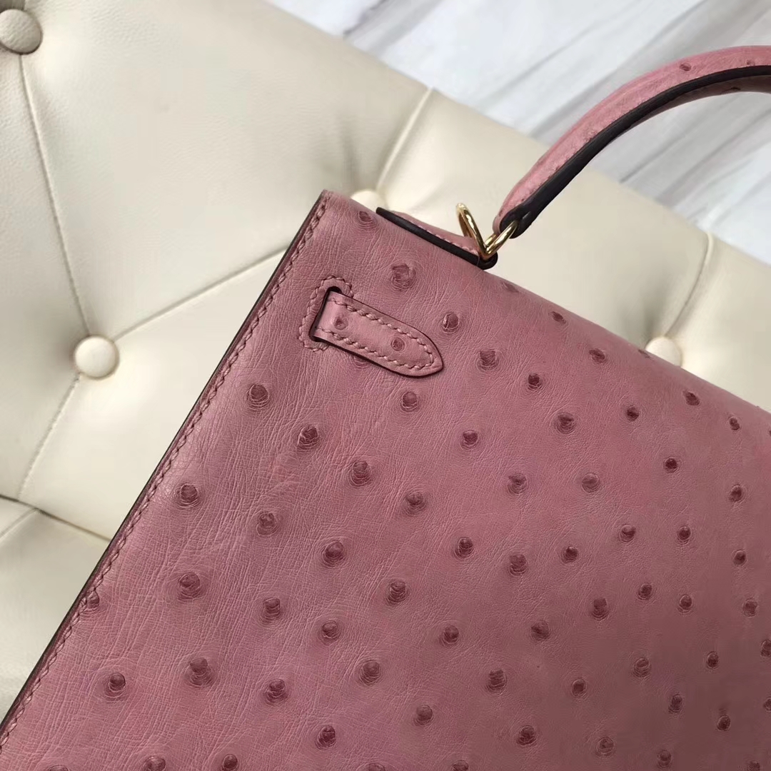 Hermès（爱马仕）kelly25cm Ostrich kk鸵鸟 cc94 陶瓷粉 金扣