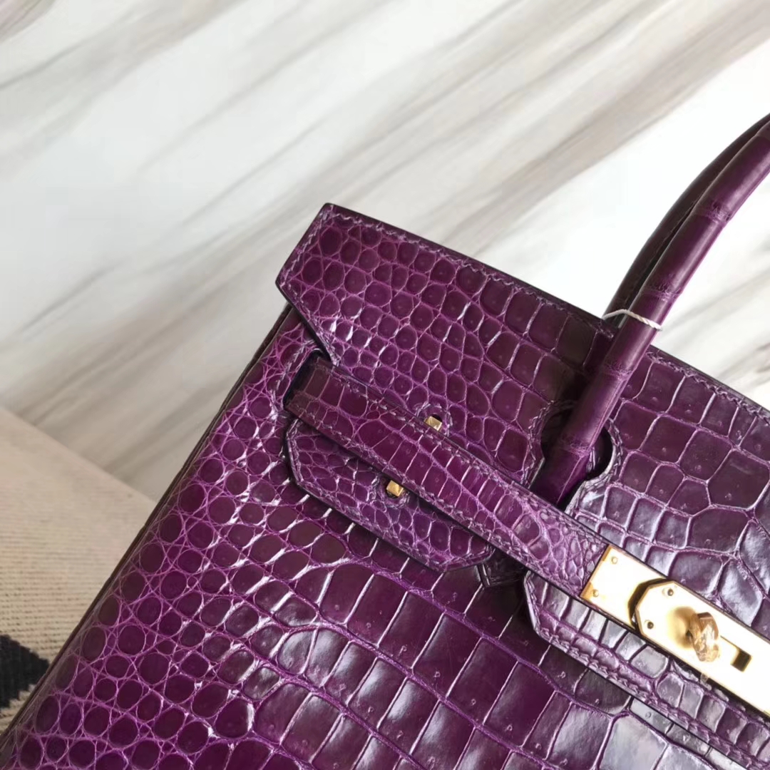 Hermès（爱马仕）Birkin30cm Porosus shiny 亮面澳洲湾鳄 9G 紫水晶 金扣 品相超赞 现货