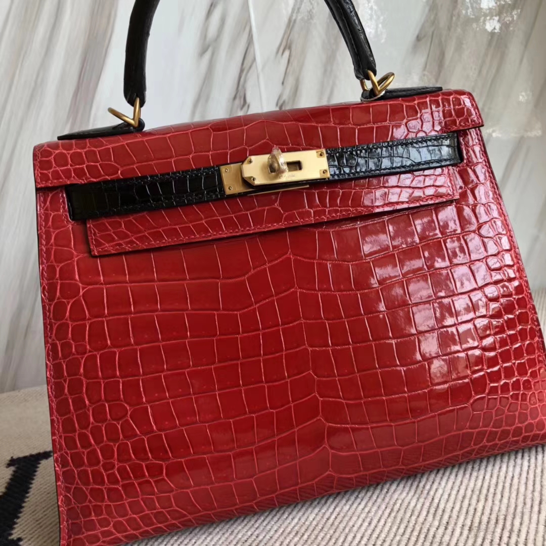 Hermès（爱马仕）Kelly28cm Porosus shiny 亮面 澳洲湾鳄鳄鱼 ck95 法拉利红ck89 黑色  马蹄印金扣