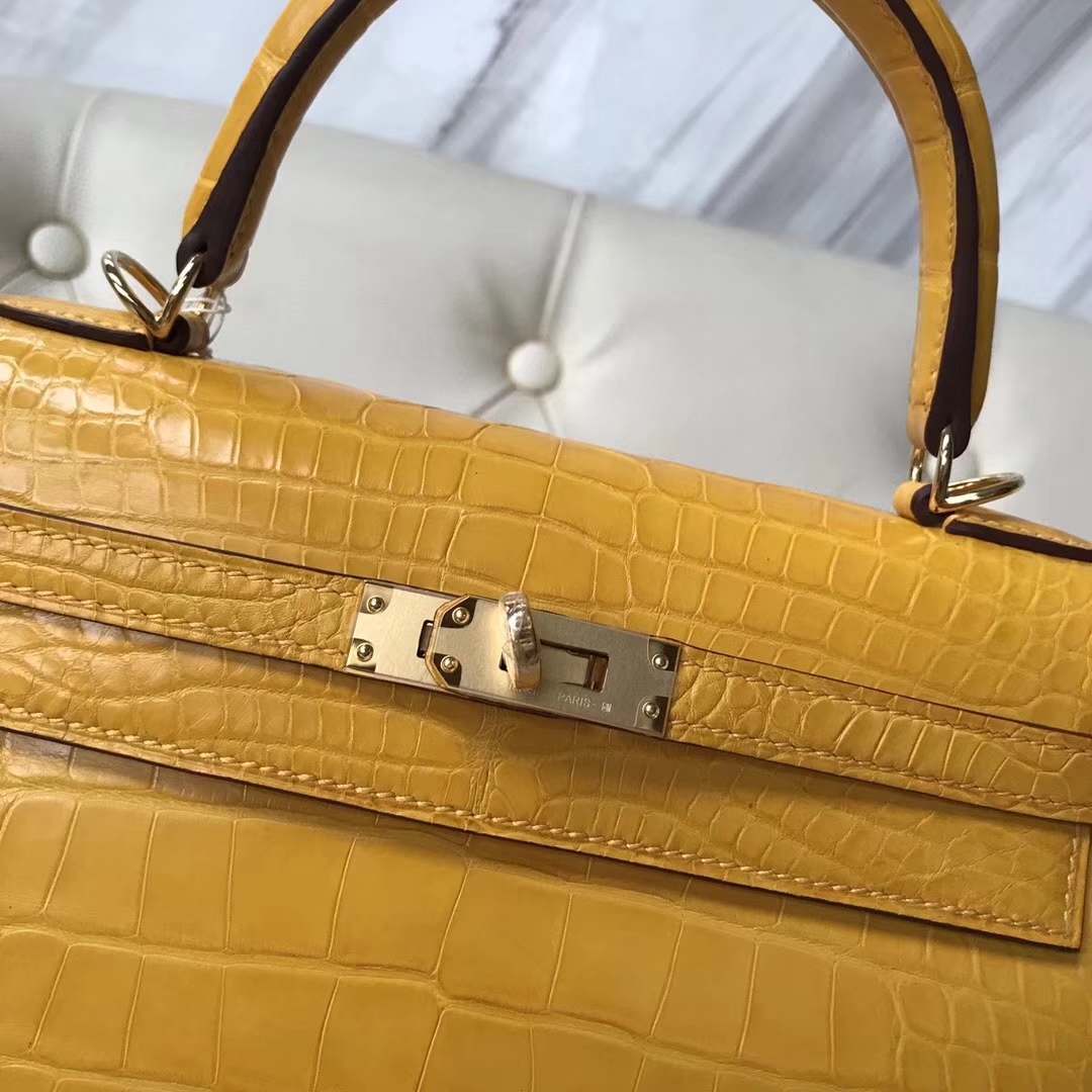 Hermès（爱马仕）Kelly25cm Matt alligator crocodile 9D琥珀黄 顶级工艺 全手工蜜蜡线缝 金扣