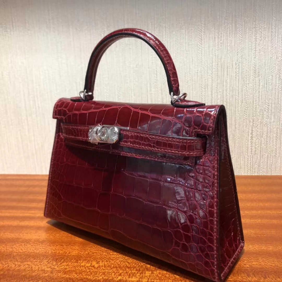 Hermès（爱马仕）Kelly2代 19cm shiny alligator crocodile   F5勃艮第酒红 蜡线全手工 银扣