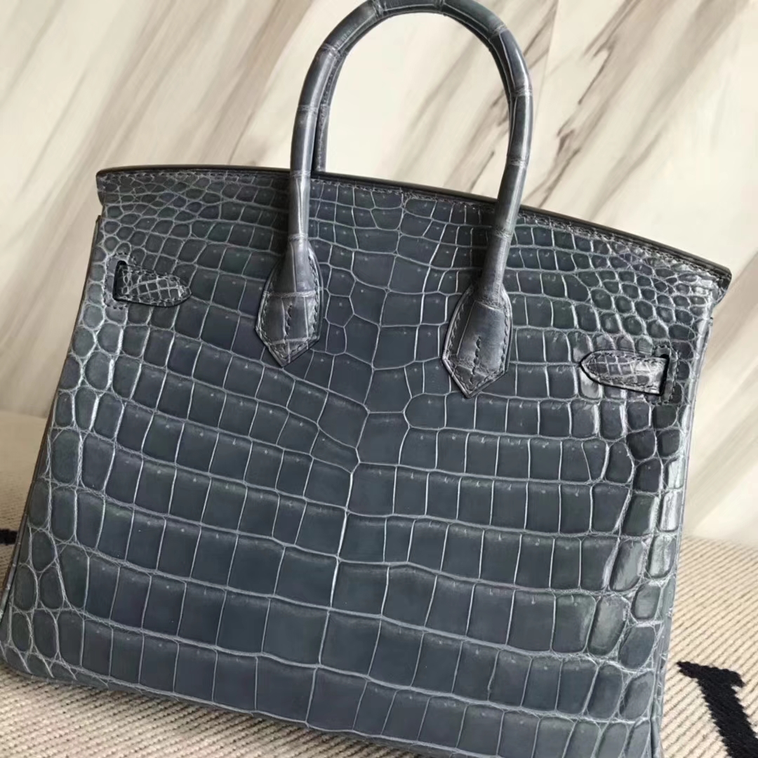 Hermès（爱马仕）Birkin25cm Crocodile shiny 亮面鳄鱼 N7 风暴蓝 银扣
