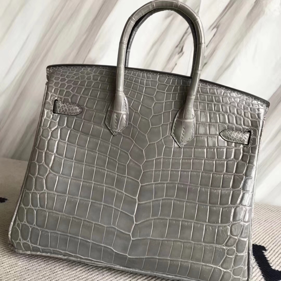 Hermès（爱马仕）Birkin25cm Crocodile shiny 亮面鳄鱼 M8 巴黎灰 银扣