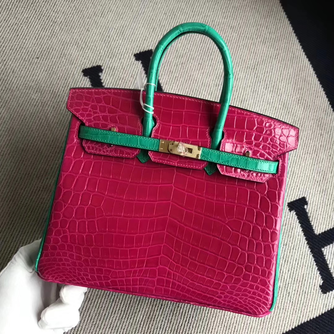 Hermès（爱马仕）Birkin25cm Crocodile  shiny 亮面鳄鱼 J5 天方夜谭粉拼翡翠绿 马蹄印 金扣