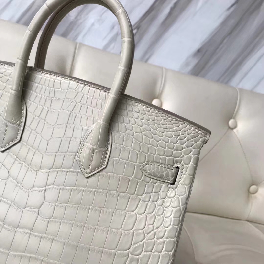 Hermès（爱马仕）Birkin25cm Crocodile matt 雾面鳄鱼8L 奶油白 Beton 银扣