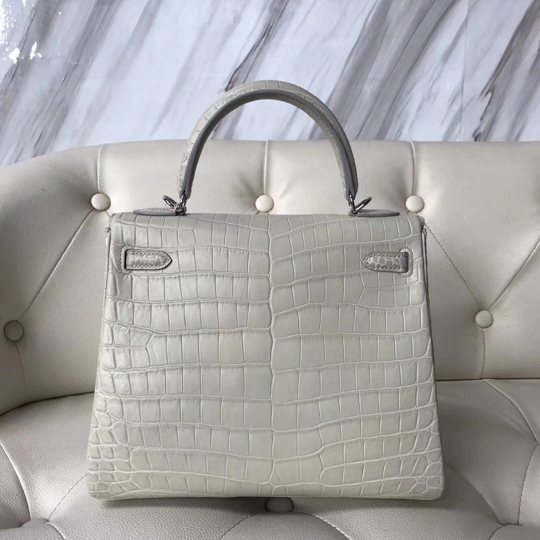 Hermès（爱马仕）Kelly25cm Crocodile matt 雾面鳄鱼 8L 奶油白Beton 银扣