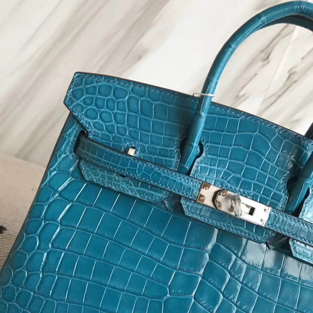 Hermès（爱马仕）Birkin25cm Crocodile shiny 亮面鳄鱼 7w 伊兹密尔蓝 Blue izmir 银扣