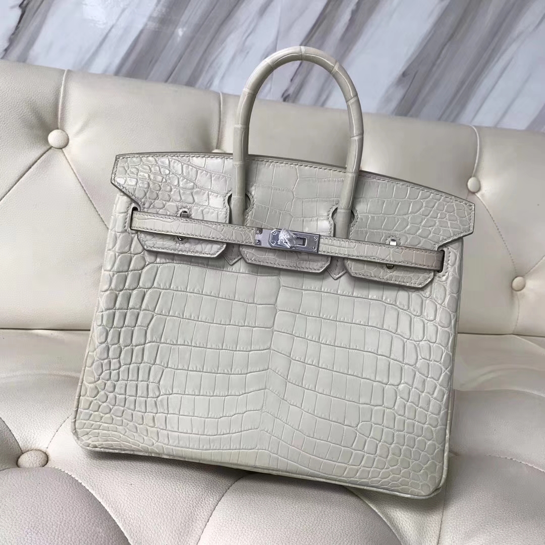 Hermès（爱马仕）Birkin25cm Crocodile matt 雾面鳄鱼8L 奶油白 Beton 银扣