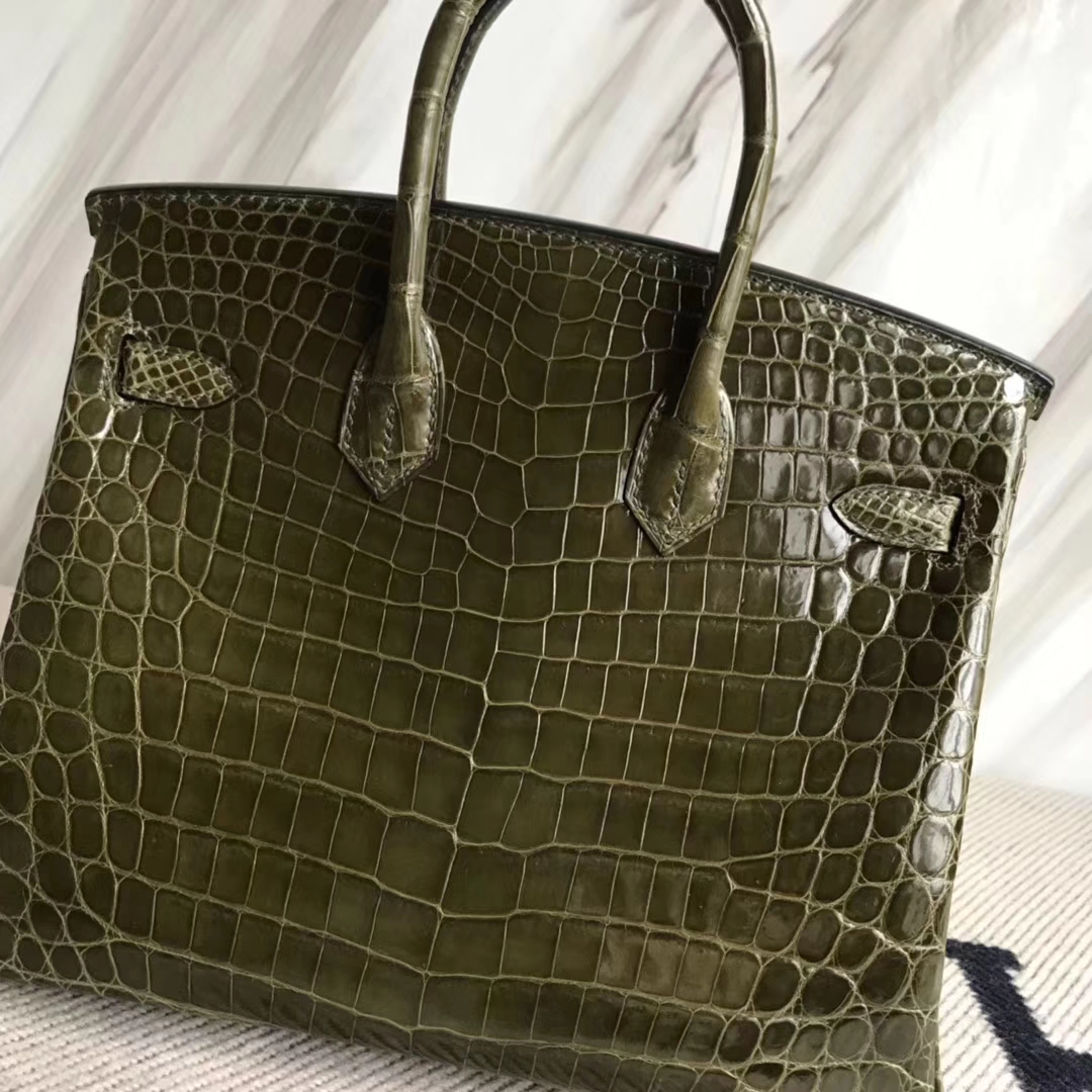Hermès（爱马仕）Birkin25cm Crocodile shiny 亮面鳄鱼 6H 橄榄绿 银扣