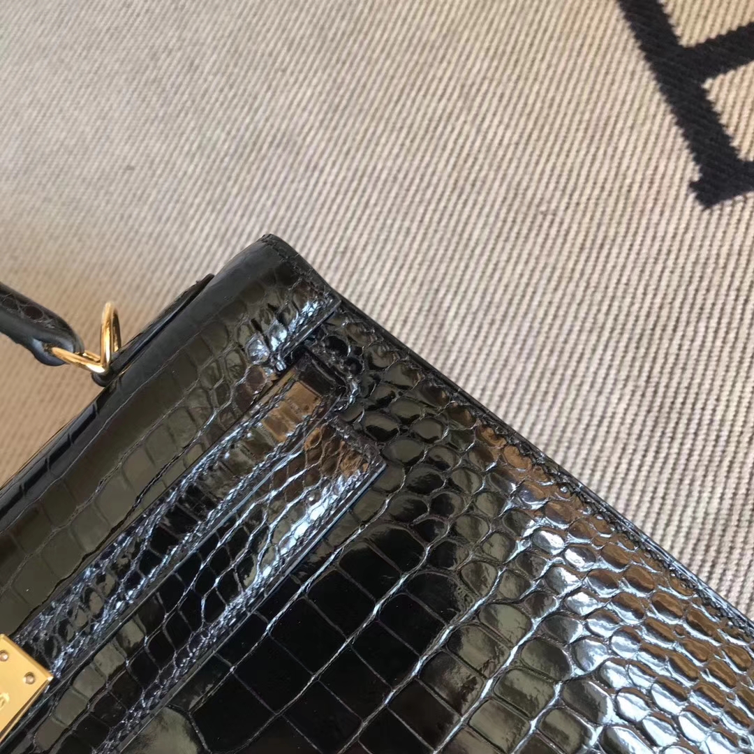 Hermès（爱马仕）Kelly25cm Porosus shiny 亮面澳洲湾鳄  ck89 黑色  金扣