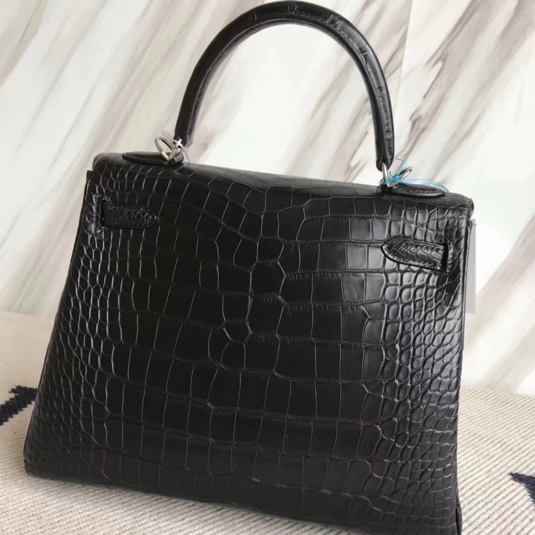 Hermès（爱马仕）Kelly25cm Alligator matt 雾面鳄鱼 ck89 黑色 银扣