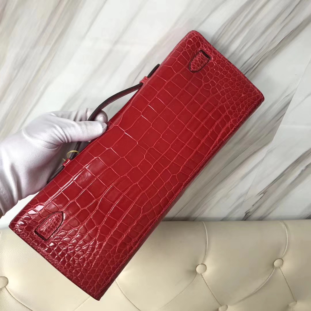 Hermès（爱马仕）Kelly cut 31cm Porosus shiny 亮面澳洲湾鳄 ck95 法拉利红 Braise 金扣
