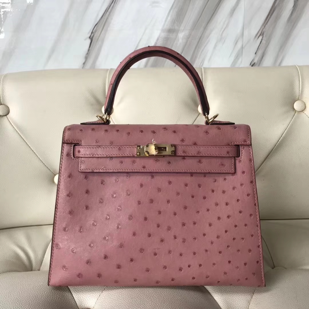 Hermès（爱马仕）kelly25cm Ostrich kk鸵鸟 cc94 陶瓷粉 金扣