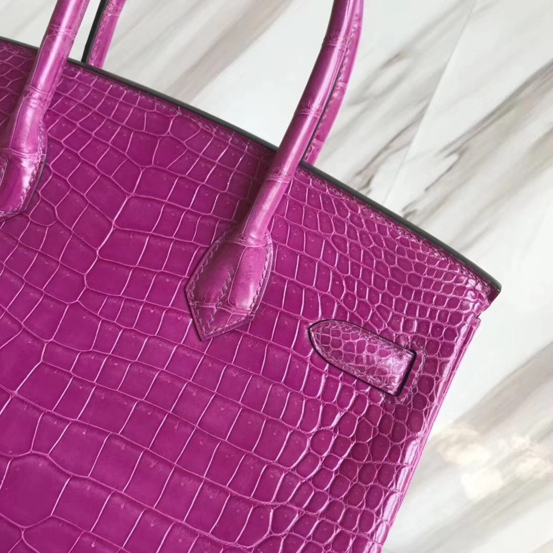 Hermès（爱马仕）Birkin30cm Porosus shiny 亮面澳洲湾鳄  L3 玫瑰紫 rose purple金扣