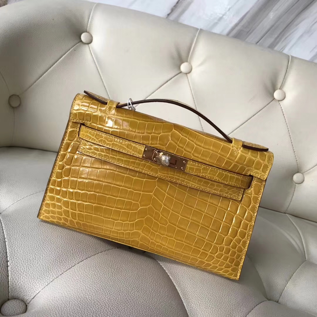 Hermès（爱马仕）Minikelly pochette Alligator shiny 亮面鳄鱼9D 琥珀黄 Ambre 金扣