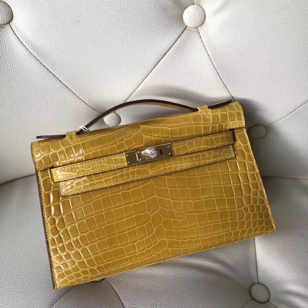 Hermès（爱马仕）Minikelly pochette Alligator shiny 亮面鳄鱼9D 琥珀黄 Ambre 金扣
