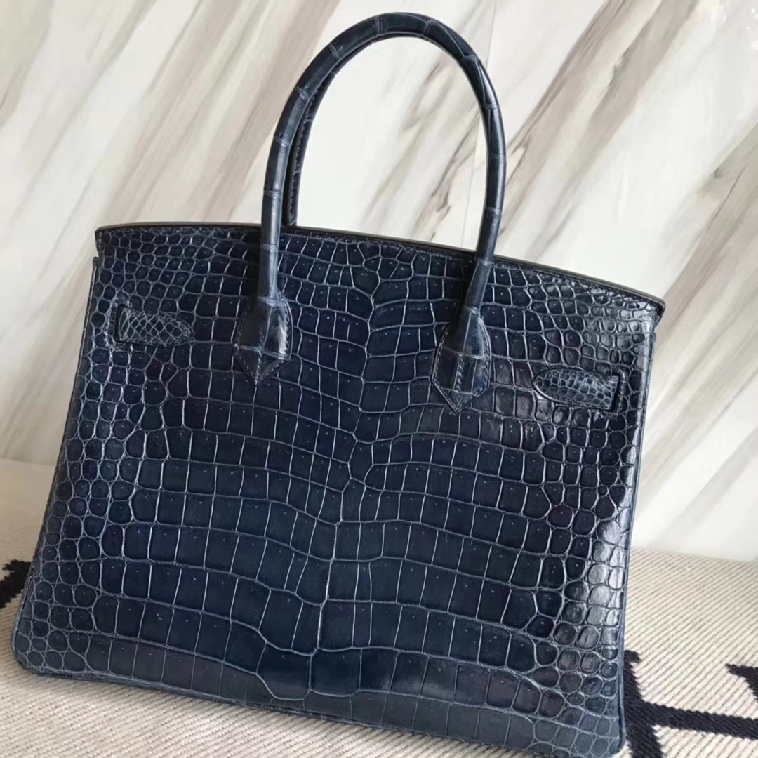 Hermès（爱马仕）Birkin30cm Porosus shiny 亮面澳洲湾鳄  N7 风暴蓝  金扣 现货