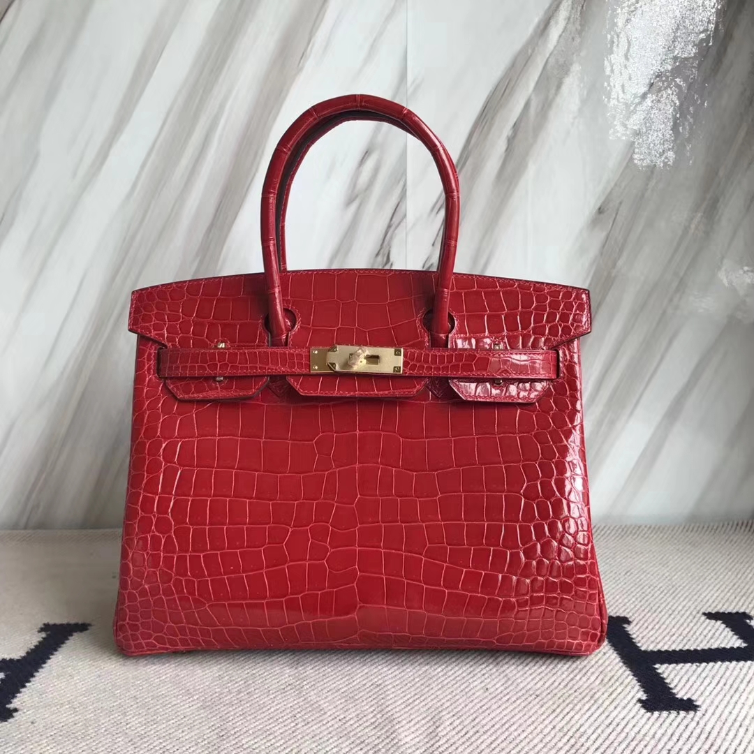 Hermès（爱马仕）Birkin30cm Porosus shiny 亮面澳洲湾鳄  ck95 法拉利红 Braise 金扣