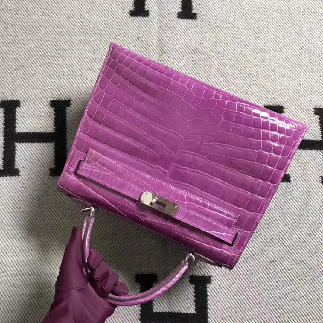 Hermès（爱马仕）亮面鳄鱼两点 银扣Kelly 28cm  紫罗兰