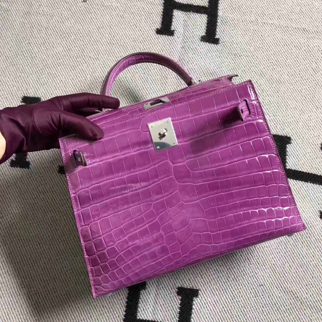 Hermès（爱马仕）亮面鳄鱼两点 银扣Kelly 28cm  紫罗兰