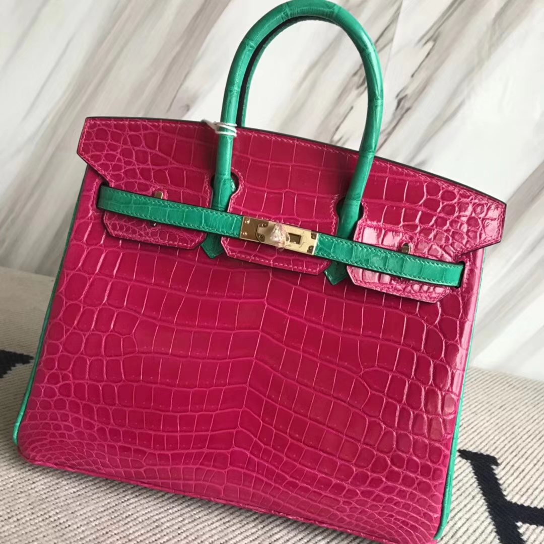 Hermès（爱马仕）Birkin25cm Crocodile  shiny 亮面鳄鱼 J5 天方夜谭粉拼翡翠绿 马蹄印 金扣