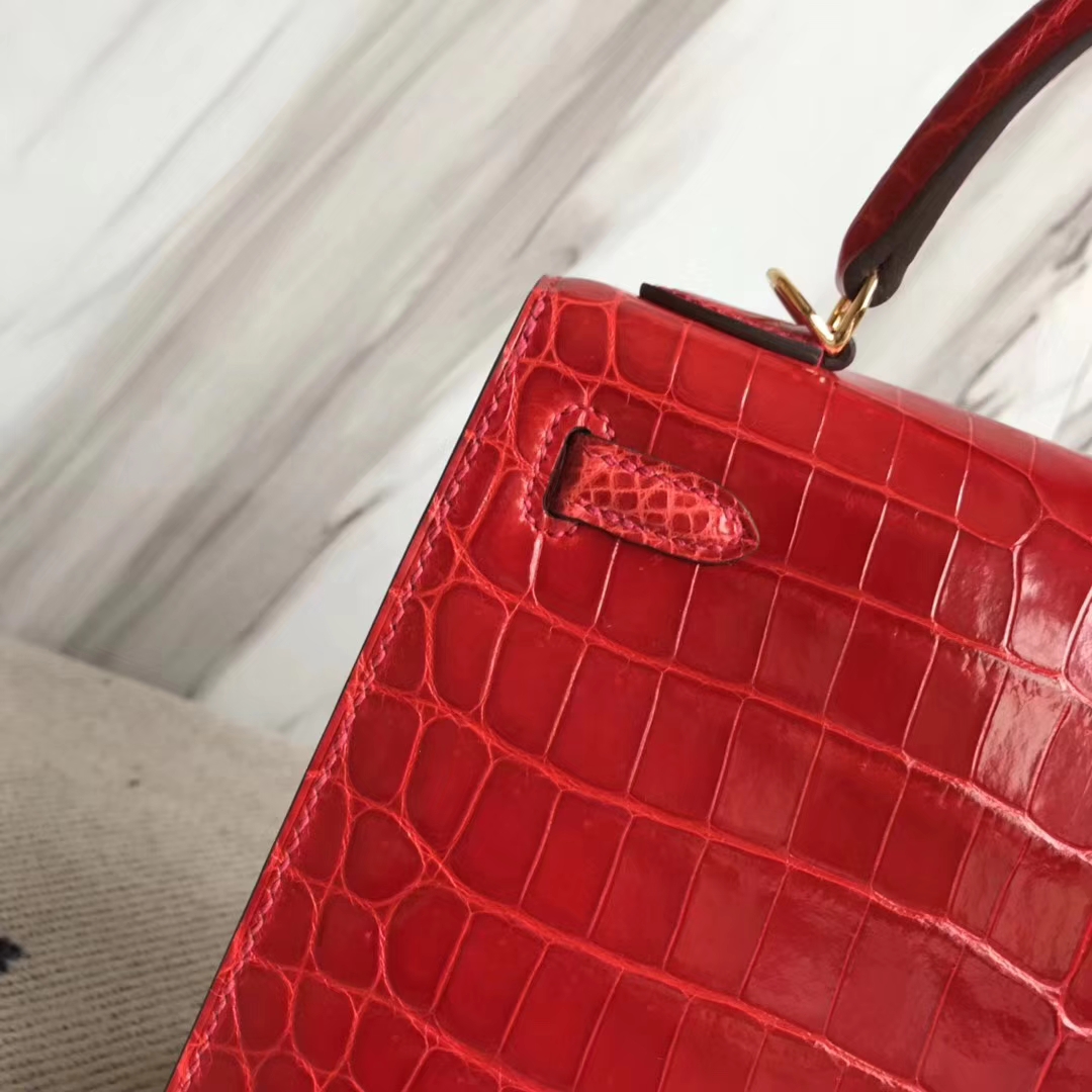 Hermès（爱马仕）Kelly25cm Crocodile shiny 亮面两点鳄鱼 ck95 法拉利红 Braise 金扣