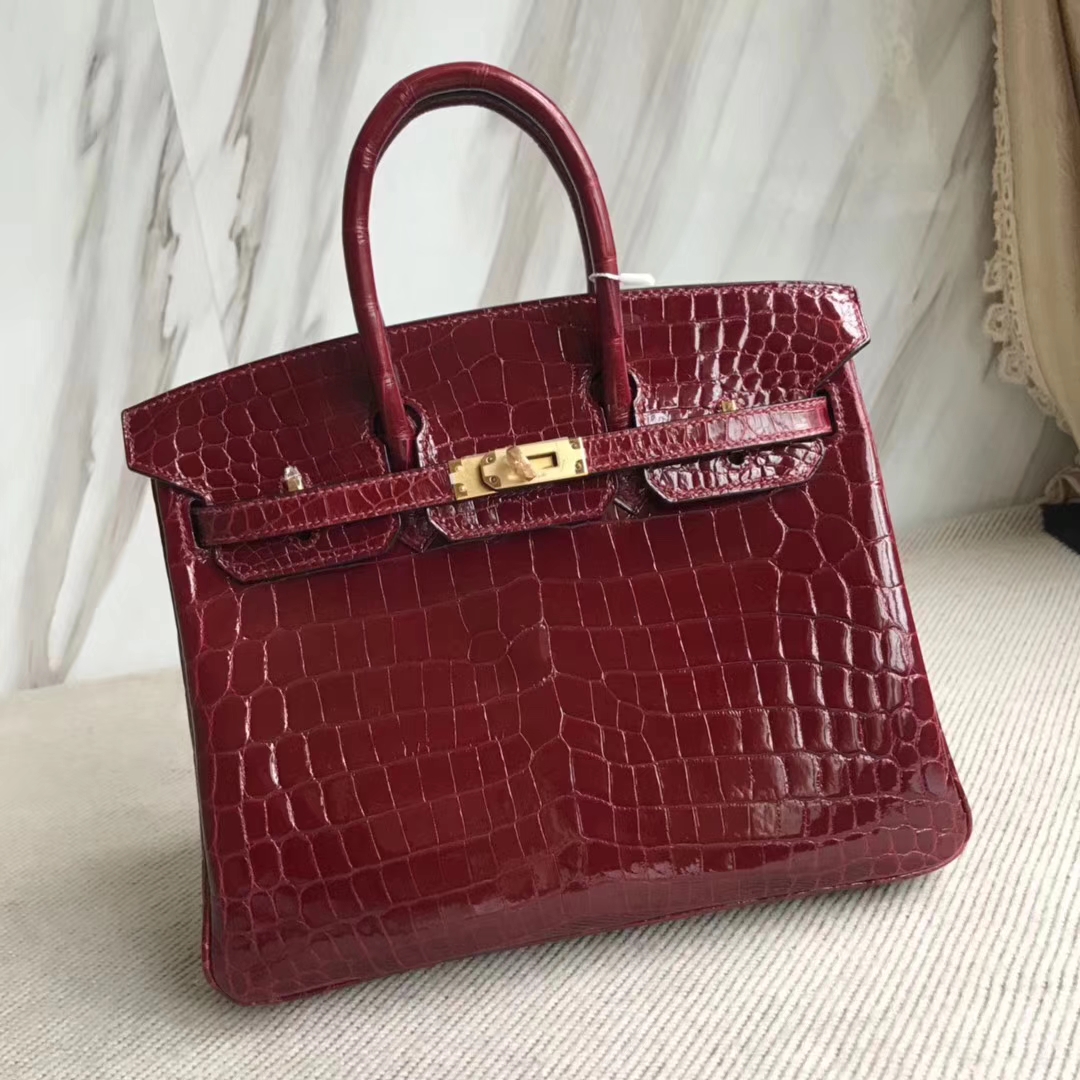 Hermès（爱马仕）Birkin25cm Crocodile shiny 亮面鳄鱼 F5 勃艮第酒红 新酒红 金扣