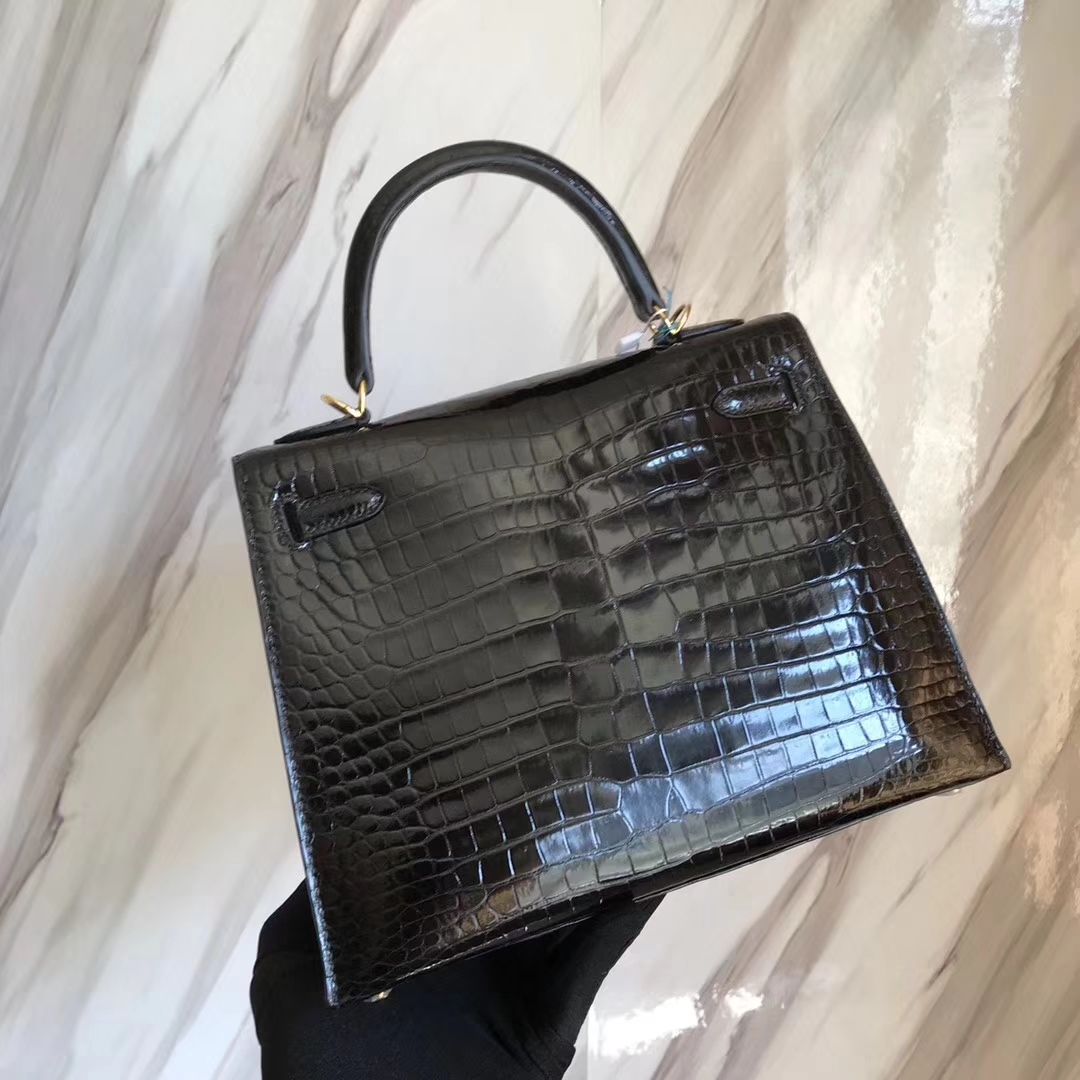 Hermès（爱马仕）Kelly25cm Porosus shiny 亮面澳洲湾鳄  ck89 黑色  金扣