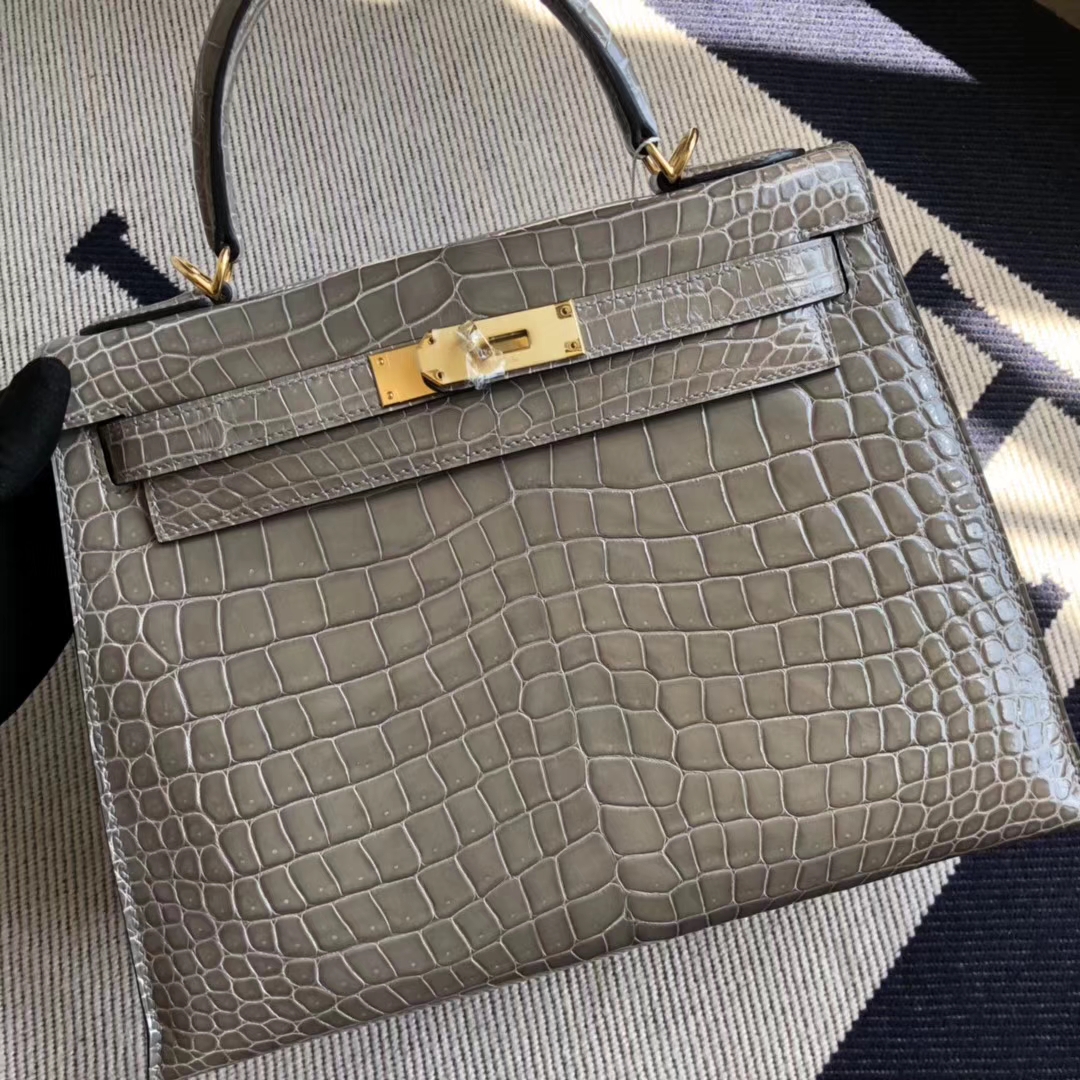 Hermès（爱马仕）Kelly28cm Porosus shiny 亮面澳洲湾鳄鳄鱼 ck81 斑鸠灰 Gris T 金扣