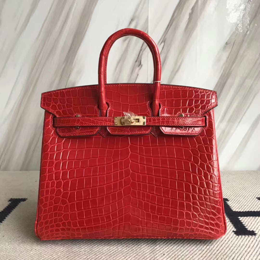 Hermès（爱马仕）Birkin25cm Crocodile shiny 亮面鳄鱼 ck95 法拉利红 Braise 金扣