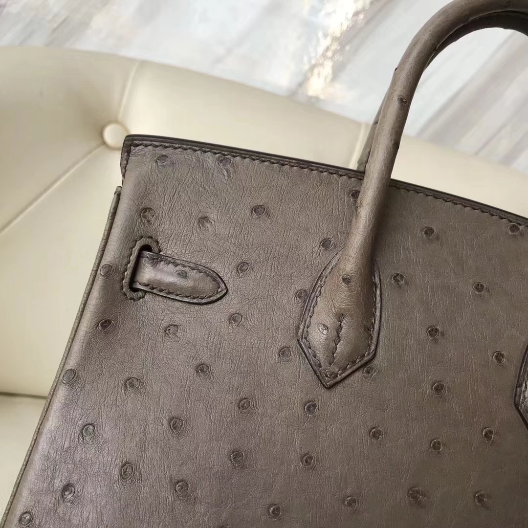 Hermès（爱马仕）Birkin25cm ostrich kk鸵鸟 顶级鸵鸟皮 ck18大象灰 蜡线全手工 银扣