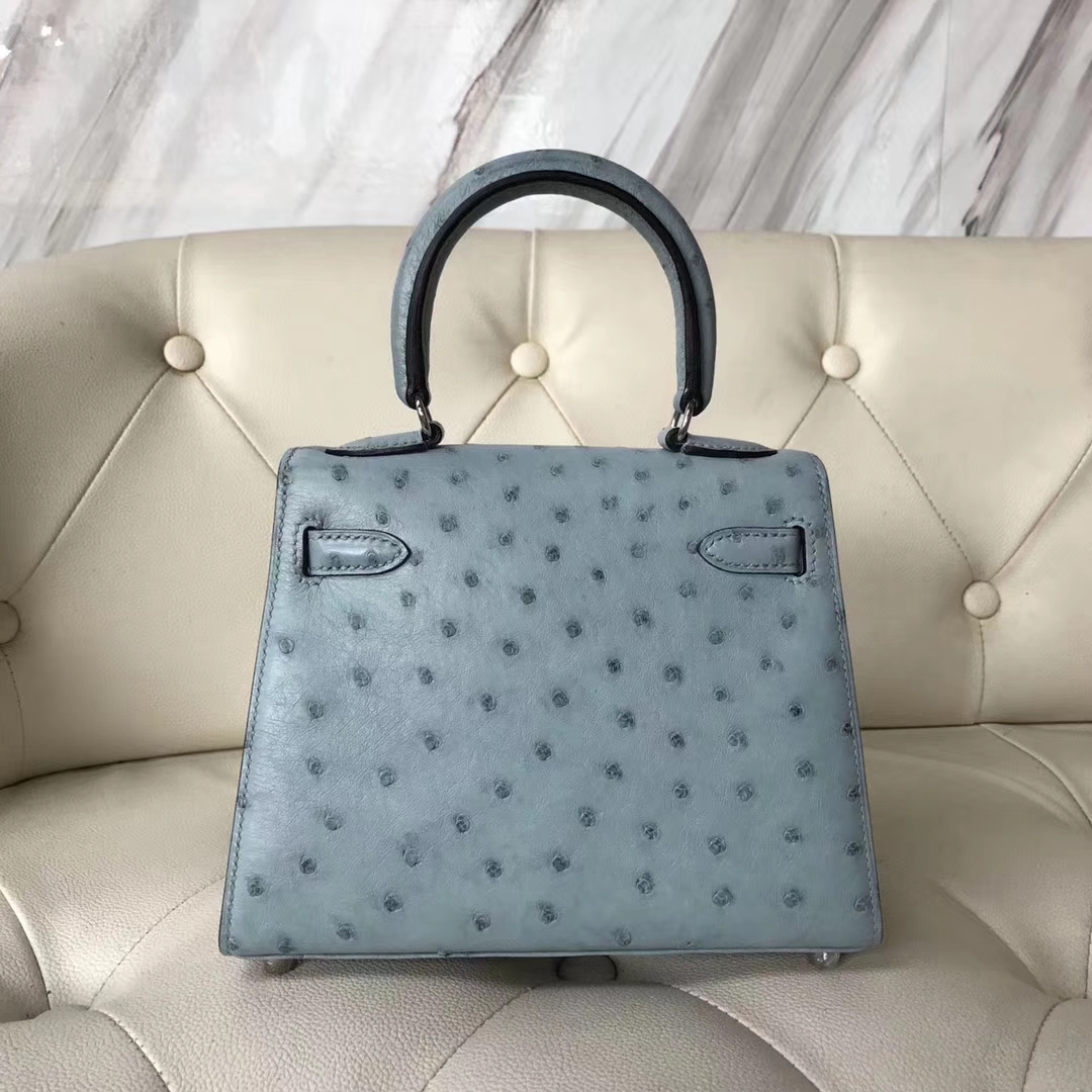 Hermès（爱马仕）Kelly 20cm 大耳朵 kk鸵鸟皮 8U冰川蓝 银扣 接受定制