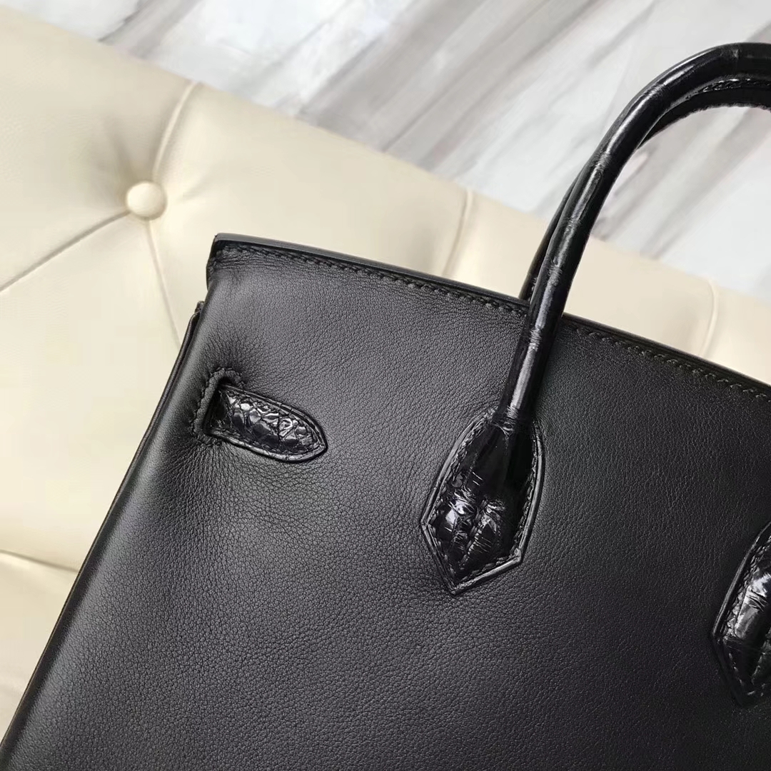 Hermès（爱马仕）Birkin25cm Swift 亮面鳄鱼 黑色 玫瑰金 Rose gold