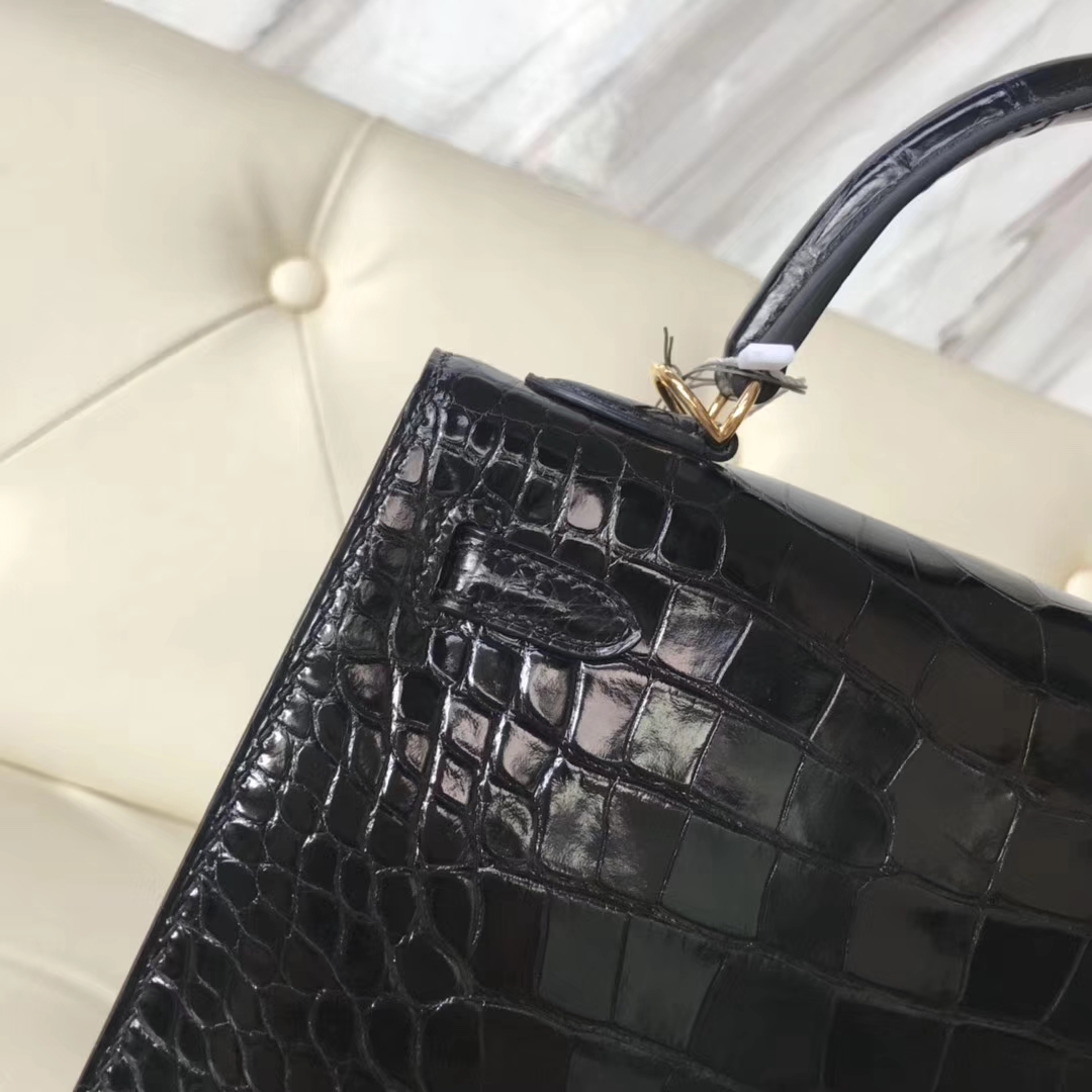 Hermès（爱马仕）Kelly25cm Alligator shiny 亮面鳄鱼 ck89 黑色 dior 金扣