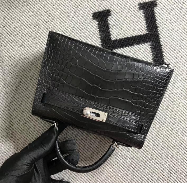 Hermès（爱马仕）Mini Kelly迷你凯莉包 美洲黑雾面 银扣 2代