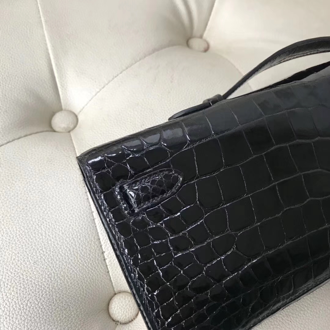 Hermès（爱马仕）Kelly cut 31cm porosus shiny 亮面鳄鱼 ck89 黑色 银扣