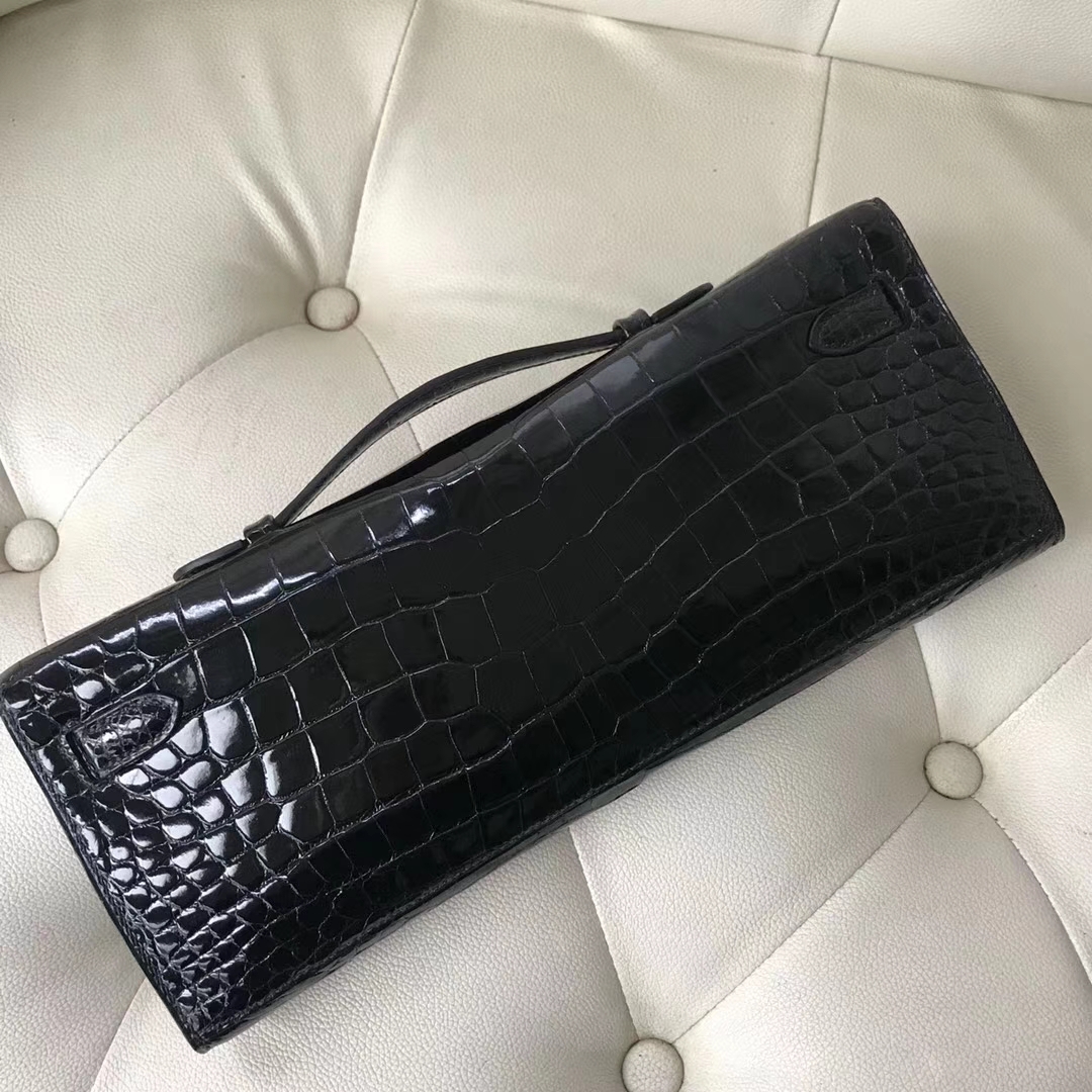 Hermès（爱马仕）Kelly cut 31cm porosus shiny 亮面鳄鱼 ck89 黑色 银扣