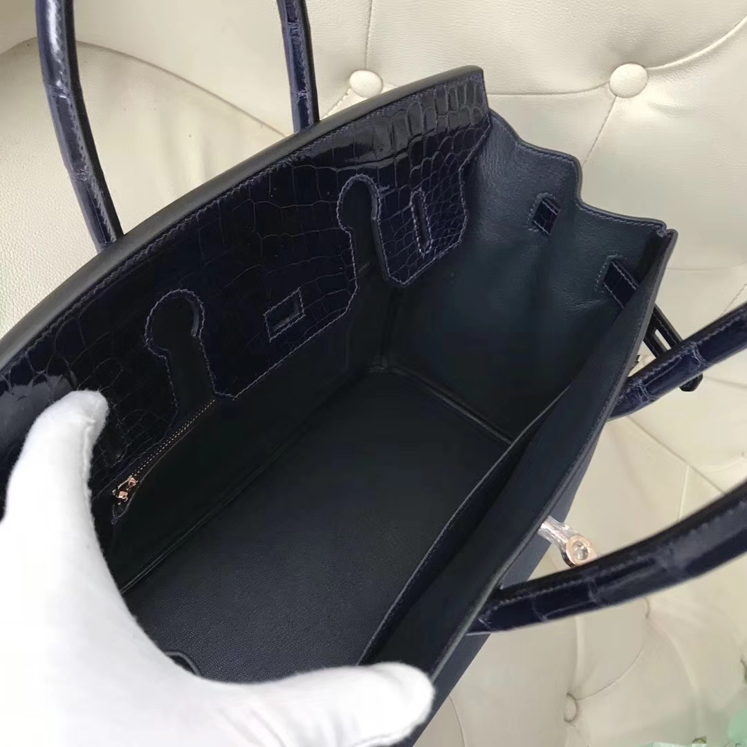 Hermès（爱马仕）Birkin30cm togo ck37宝石蓝拼亮面鳄鱼 ck78深海蓝 顶级工艺 蜡线全手工 玫瑰金