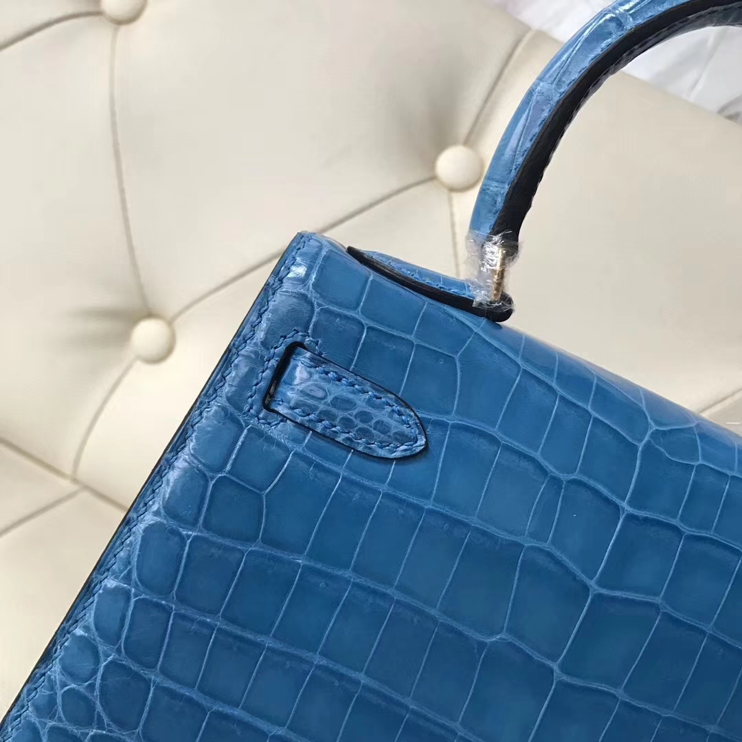 Hermès（爱马仕）Kelly 20cm shiny crocodile 亮面两点尼罗鳄 7Q希腊蓝 蜡线全手工 接受定制